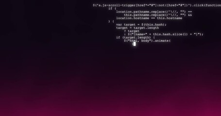 Javascript code background with lines of code appear from top to down. Gradient multicolor background. Coding activity for Java developer. Javascript web application script development. Cyber security