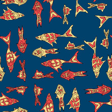 Seamless Pattern Of Drawn Decorative Red And Yellow Fishes
