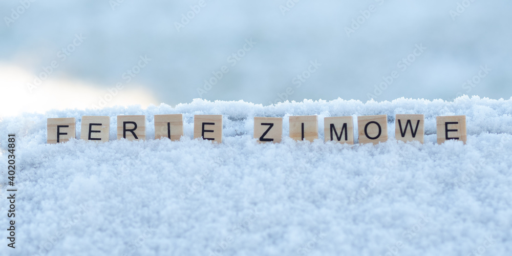 Ferie zimowe - napis z drewnianych kostek, ułożony w śniegu, czas wolny, przerwa zimowa od szkoły, język polski   - obrazy, fototapety, plakaty 