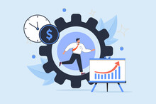 Productivity Vector Illustration. Job Performance Flat Tiny Persons Concept. Efficient Time And Task Management Strategy