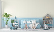 Blue sofa in child room interior for mockup, 3D rendering