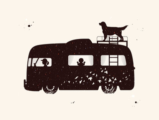 Sticker - Car silhouette. People in camper. Family road trip. Night starry sky