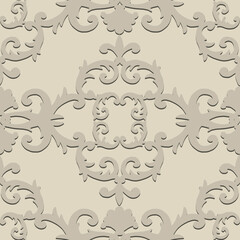  Seamless baroque style damask ornamental pattern. Paper cut art craft beige texture