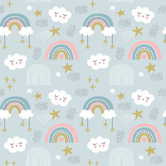 Cute rainbow sky seamless pattern illustration in childish style. Soft pastel color children background cartoon with adorable hand drawn sky decoration for nursery wallpaper, baby shower design.