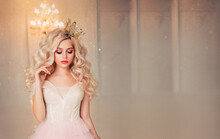 Portrait Capricious Fantasy Princess Girl. Blond Lond Hair Gold Crown. Fairy Tale Lady Woman In Vintage Dress. White Room Lamp Chandelier. Bored Fashion Model Queen. Free Space For Text Wide Screen.