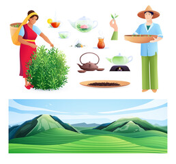 Natural Tea Production Flat Set