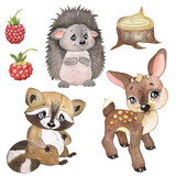 Watercolor illustration set with forest animals, cartoon animals, childrens illustration