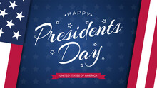 USA Presidents Day Greeting Card With Blue Background In United States National Flag Colors And Hand Lettering Text Happy Presidents Day. Vector Illustration.