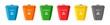 Recycle trash bin. Icons of bin for plastic, glass, organic, paper and metal waste. Segregate of rubbish for recycle. Dustbin of garbage. Symbol of container of trash. Banner for disposal. Vector
