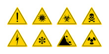 Sign Of Danger. Triangle Sign For Caution. Icon Of Toxic, Skull, Poison, Biohazard, Virus, Electric Voltage And Radiation. Logo For Safety. Signal Of Warn On Yellow Background. Symbol Of Risk. Vector