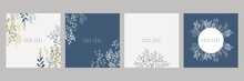 Set Of Floral Universal Artistic Templates With Blue Gold Pastel Color. Good For Greeting Cards, Invitations, Flyers And Other Graphic Design. Square Floral Greeting Card