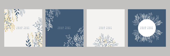Fototapete - Set of floral universal artistic templates with blue gold pastel color. Good for greeting cards, invitations, flyers and other graphic design. Square floral greeting card
