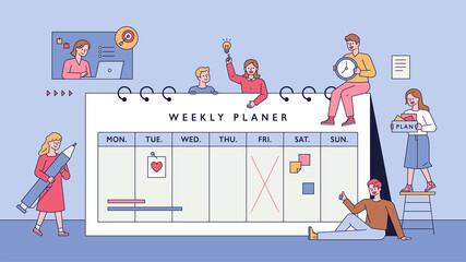 Wall Mural - weekly planner and people. little people are making plans around a large calendar. flat design style