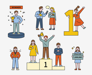 Wall Mural - a collection of winner characters. the man with the trophy. the woman to be interviewed. the woman w