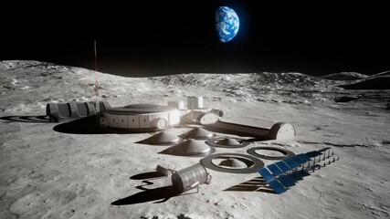 formation of a space base at the moon. beautiful landscape with planet earth.
