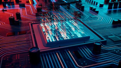 Data flow in a motherboard in pc. Processor among circuits and electronics. CPU