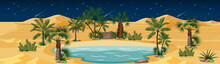 Desert Oasis With Palms And Catus Nature Landscape At Night Scene