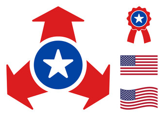 Sticker - Triple choice arrows icon in blue and red colors with stars. Triple choice arrows illustration style uses American official colors of Democratic and Republican political parties, and star shapes.