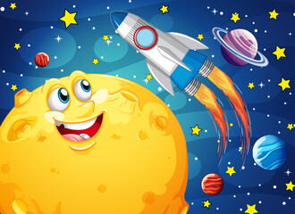 Poster - Moon with happy face on space galaxy theme background