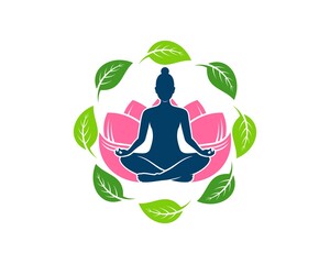 Poster - Women yoga with lotus flower and circular nature leaf