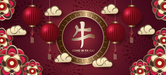 Wall Mural - Happy Chinese New Year 2021. Year of the ox. ( Chinese Translate : Happy Chinese New Year )