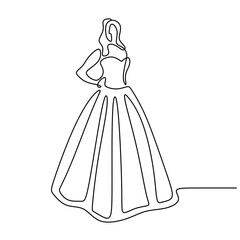 Beauty woman model wearing sexy gown. One continuous line drawing woman in elegant dress standing pose and look so pretty isolated on white background. Female fashion dress concept