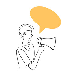 Wall Mural - Continuous one line drawn a man holding a loudspeaker and speak with blank speech bubble. The concept of announcement, warning, oratory, loud statement, publicity. Character male in public speaking