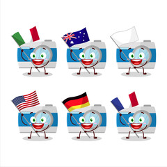 Wall Mural - Pocket camera cartoon character bring the flags of various countries