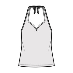 Wall Mural - Tank halter sweetheart neck top technical fashion illustration with bow, oversized, tunic length. Flat apparel outwear template front, grey color. Women men unisex CAD mockup