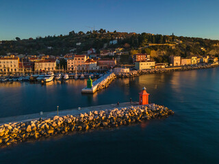 Wall Mural - Aerial view of beautiful town Piran and it's port, Slovenia