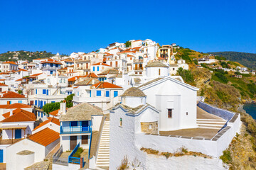 view of town and port at the island skopelos, northern sporades, greece