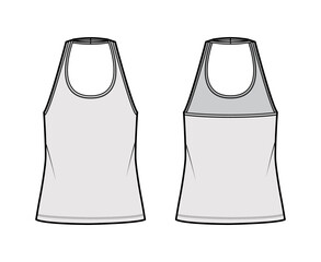 Wall Mural - Tank halter scoop neck top technical fashion illustration with oversized, tunic length. Flat apparel shirt outwear template front, back, grey color. Women men unisex CAD mockup
