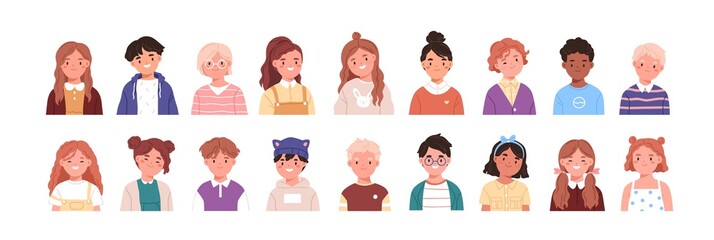 set of children avatars. bundle of smiling faces of boys and girls with different hairstyles, skin c