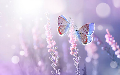 Fotomurales - Two lilac butterfly on Lavender flowers in rays of summer sunlight in spring outdoors macro in wildlife, soft focus. Delightful amazing atmospheric artistic image of beauty of nature environment.