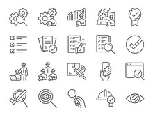 Inspection Line Icon Set. Included The Icons As Inspect, QA, Qualify, Quality Control, Check, Verify, And More.
