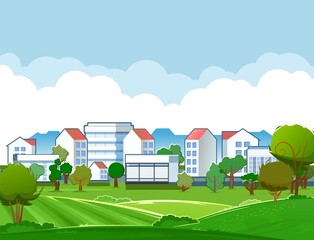 Outskirts of the village. A suburb with small one-story and high-rise buildings. Cozy place of residence. Farm fields and land plots. Flat style. Landscape. Vector