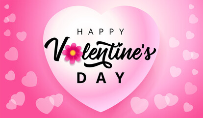Wall Mural - Happy Valentines day hearts flying on pink background. Valentine`s Day greeting card template with black valentine greeting typography text and pink flower on background. Vector illustration