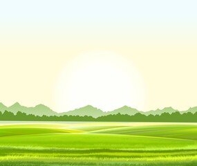 Wall Mural - Rural landscape. Hills and meadows. Pastures and farmland. Beautiful nature view. The horizon is distant. Country farm land plot. Illustration. Vector