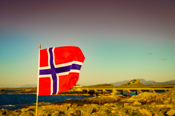 Sticker - Norwegian flag against Atlantic Road, Norway