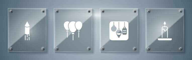 Sticker - Set Burning candle, Christmas lights, Balloons with ribbon and Firework rocket. Square glass panels. Vector.