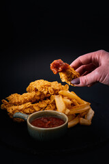 Canvas Print - A closeup shot of a tasty looking dish with fried chicken and fries isolated on a black background