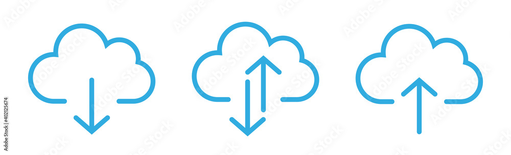 Collection cloud with arrow line icon. Upload and download cloud arrow vector symbols. Clouds with arrows up and down isolated blue signs. - obrazy, fototapety, plakaty 