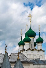 Russia, Rostov, July 2020. Crosses And Domes Of An Ancient Cathedral Against The Sky.