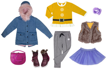 Wall Mural - Collage set of little girl winter clothes isolated on a white background. The collection of a jeans jacket, a sweat pants, shoes, a sweater, a vest, a skirt and a handbag. Kids spring and autufashion.