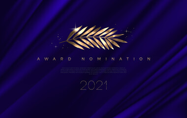 Wall Mural - award nomination - design template. golden branch on a deep blue cloth background. award sign with g