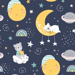  Seamless childish pattern with sleeping bears, clouds, rainbows, moon, planet and stars. Creative kids texture for fabric, wrapping, textile, wallpaper, apparel. Vector illustration