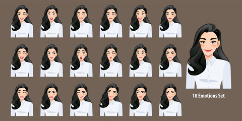 Beautiful business woman in white shirt with different facial expressions set isolated in cartoon character style vector illustration.