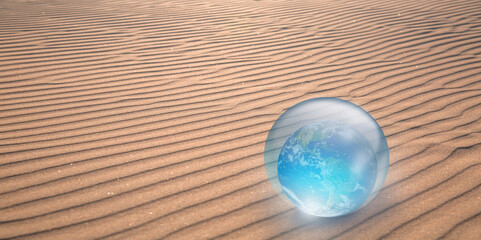 Poster - Global warming concept - Crystall ball on the san dune with Glass Globe (Planet Earth) 