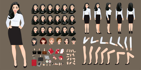 Wall Mural - Businesswoman cartoon character creation set with various views, hairstyles, face emotions, lip sync and poses. Parts of body template for design work and animation.