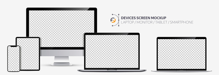 Wall Mural - Realistic devices screen mockup. Smartphone, tablet, laptop and display monitor, Silver color with blank screen for you design.  Isolated on transparent background. Vector illustration EPS10